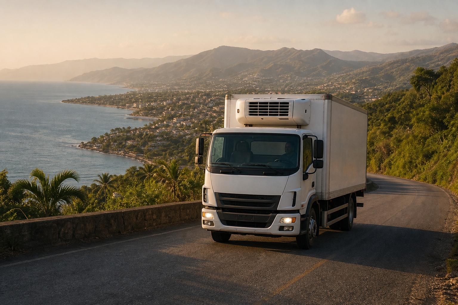 Distribution réfrigérée — camion blanc en route côtière