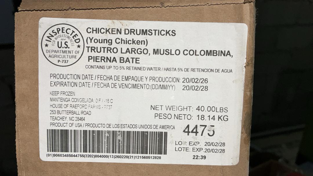 House of Raeford — Pilons de poulet — caisse 40 lb (photo réception)